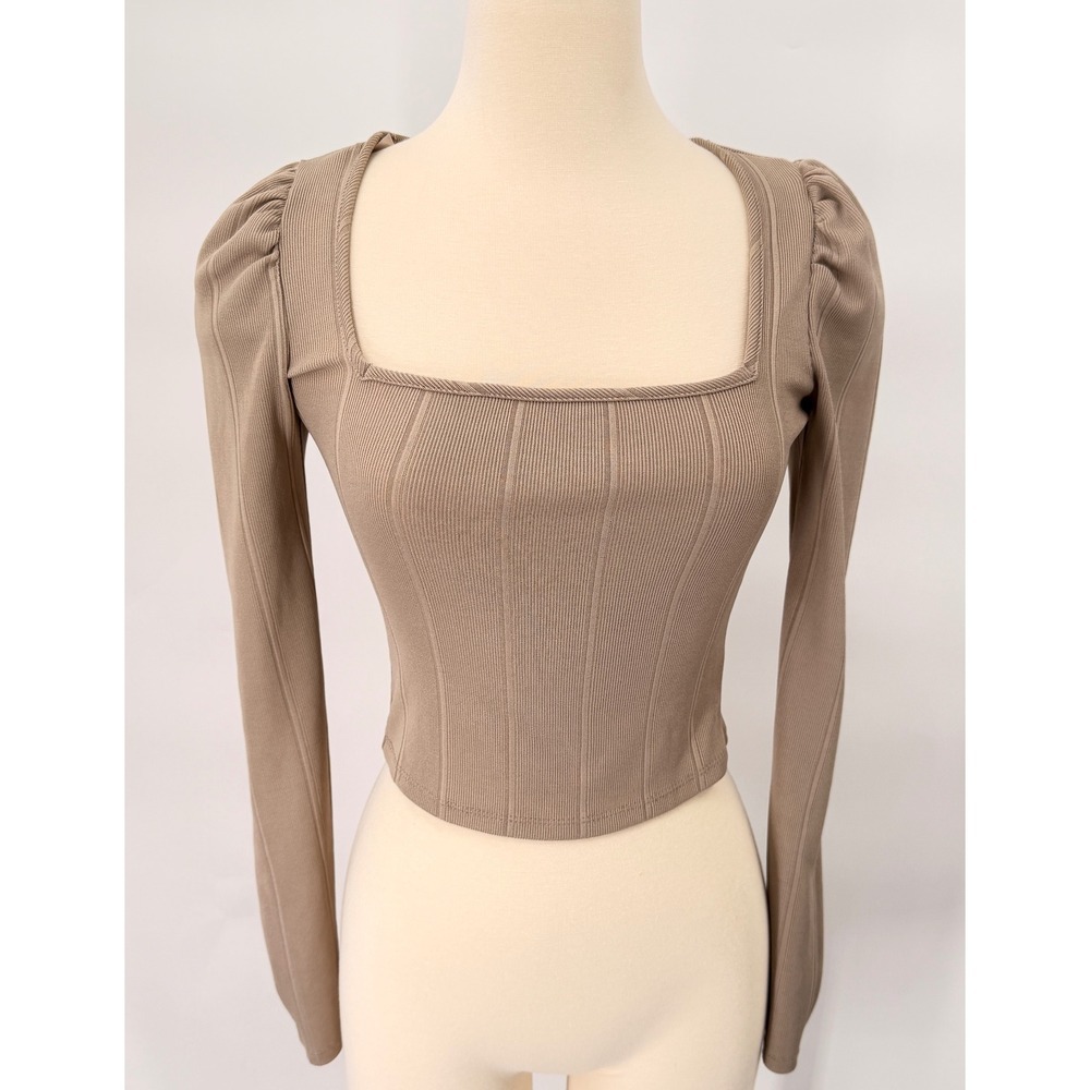 Love J Ribbed Puff Sleeve Top Womens Size Small Taupe Square Neck TB3062